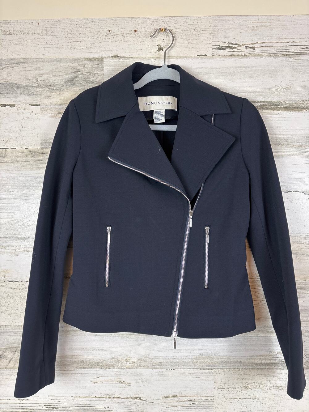 Doncaster Womens 4 Black Silver Zip Ponte Knit Moto Jacket Fitted Unlined Biker